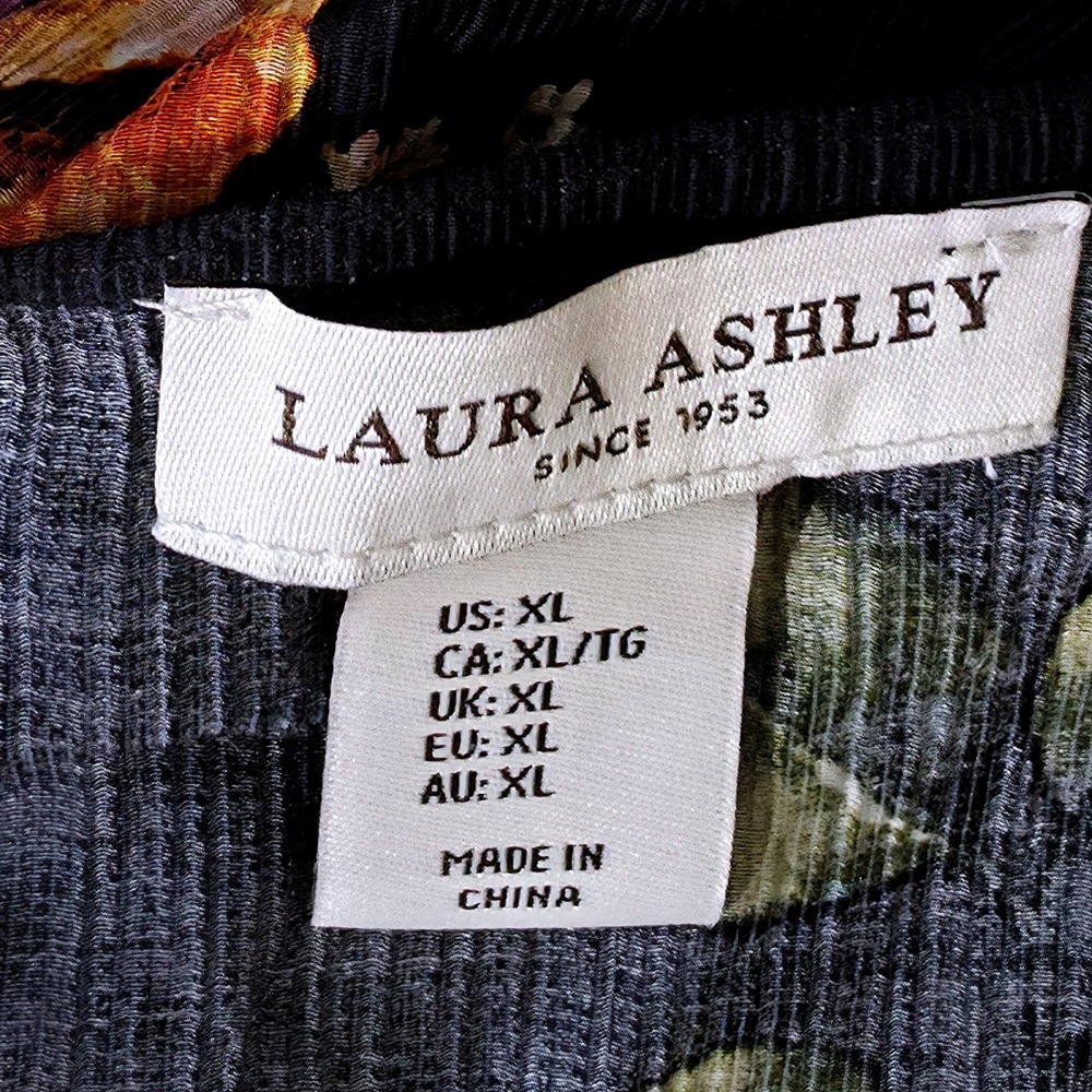 Laura Ashley Crinkled Blouse Womens Size XL Black Floral Peplum Tie Front EUC - Picture 7 of 9